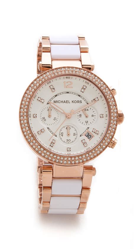 michael kors mid size white leather parker chronograph glitz watch|michael kors parker watch.